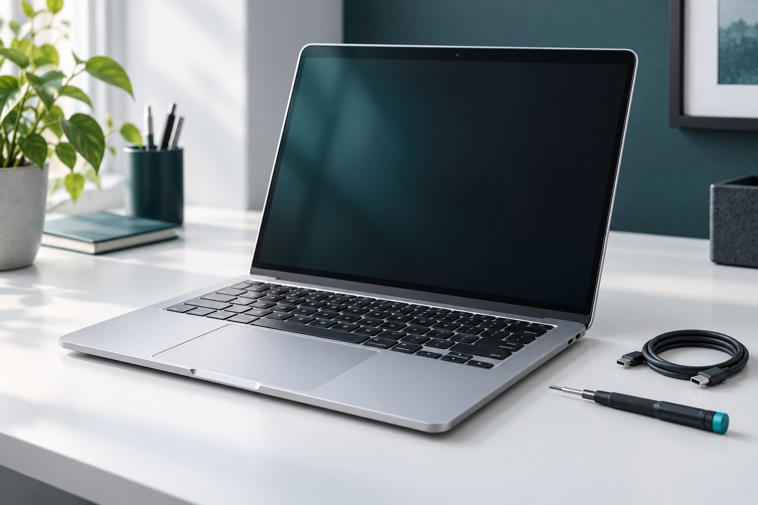 Illustrative unbranded laptop, cable and precision screwdriver on a desk